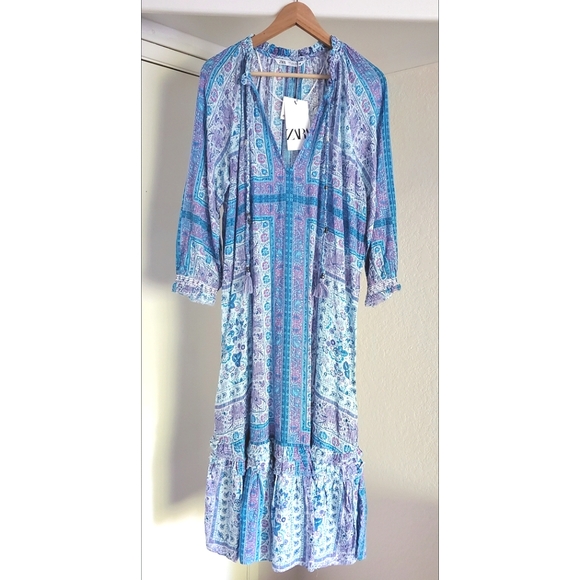 Zara* Printed Blue Midi Boho Dress - Picture 8 of 11